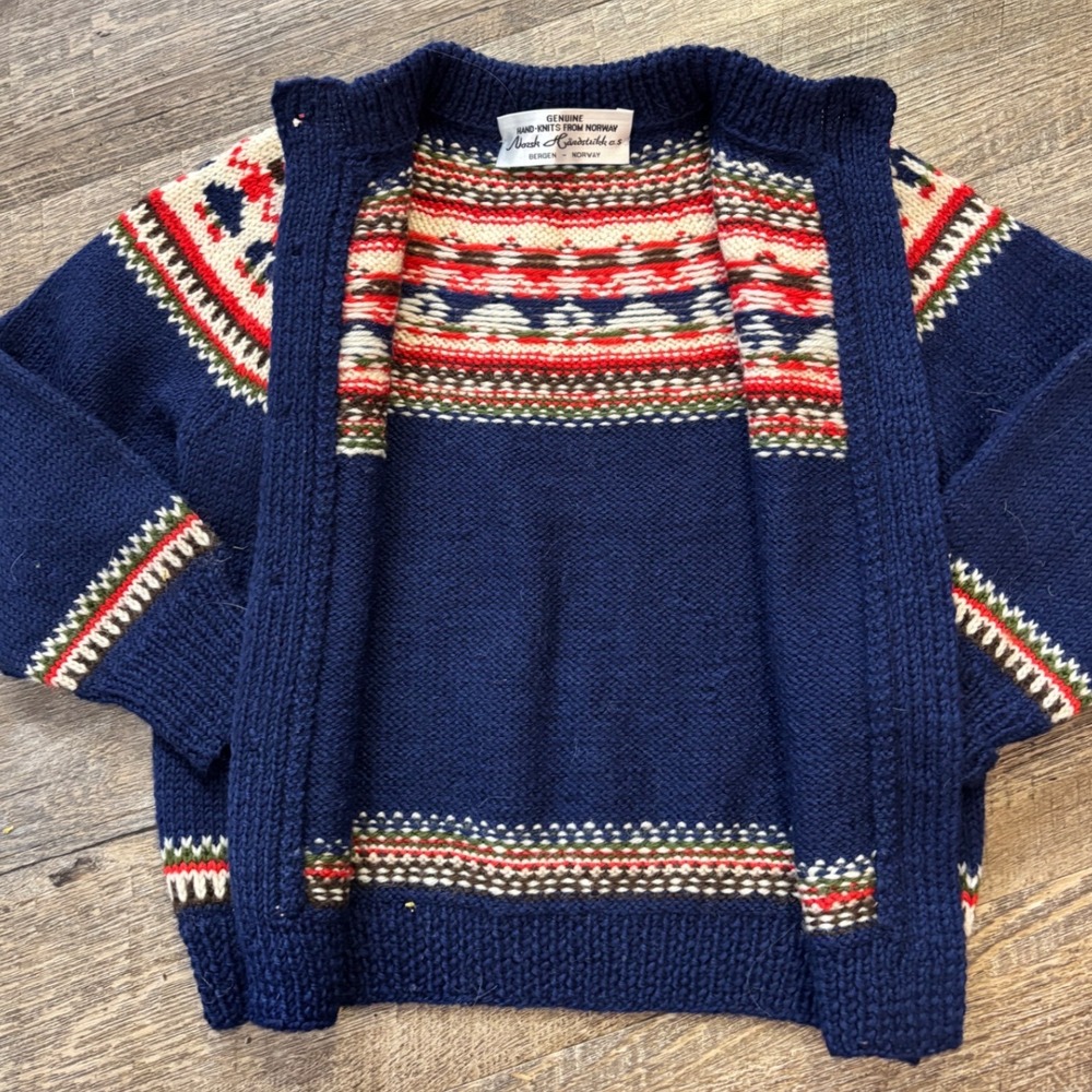 Norsk Handstrikkas Kids Hand Knitted Wool Cardigan Bergen Norway Blue Fair Isle - Picture 2 of 7